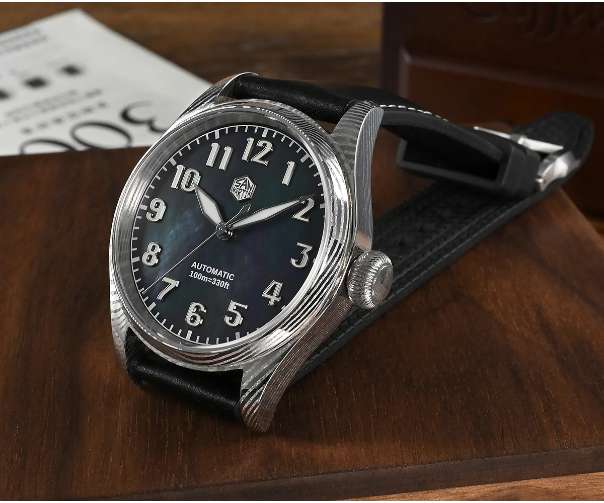 SAN MARTIN 39mm Pilot Watch Damascus Steel MOP Dial 10Bar Limited Edition With PT5000 and SW200 Movement SN030-D thumbnail 2