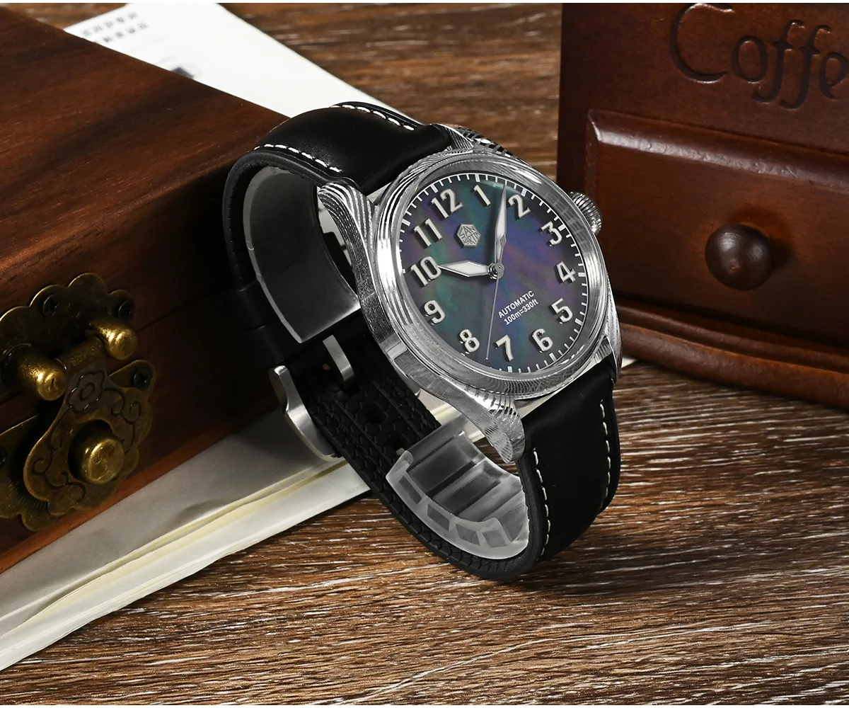 SAN MARTIN 39mm Pilot Watch Damascus Steel MOP Dial 10Bar Limited Edition With PT5000 and SW200 Movement SN030-D thumbnail 3