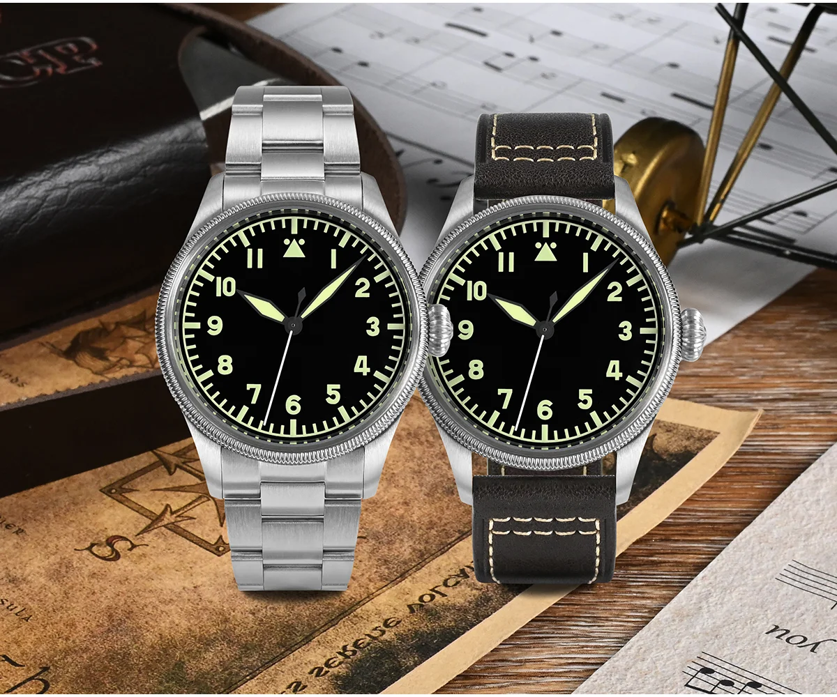 SAN MARTIN 38.5mm mechanical military pilot watch with coin edge bezel 100 meters waterproof YN55 movement SN033-G thumbnail 2
