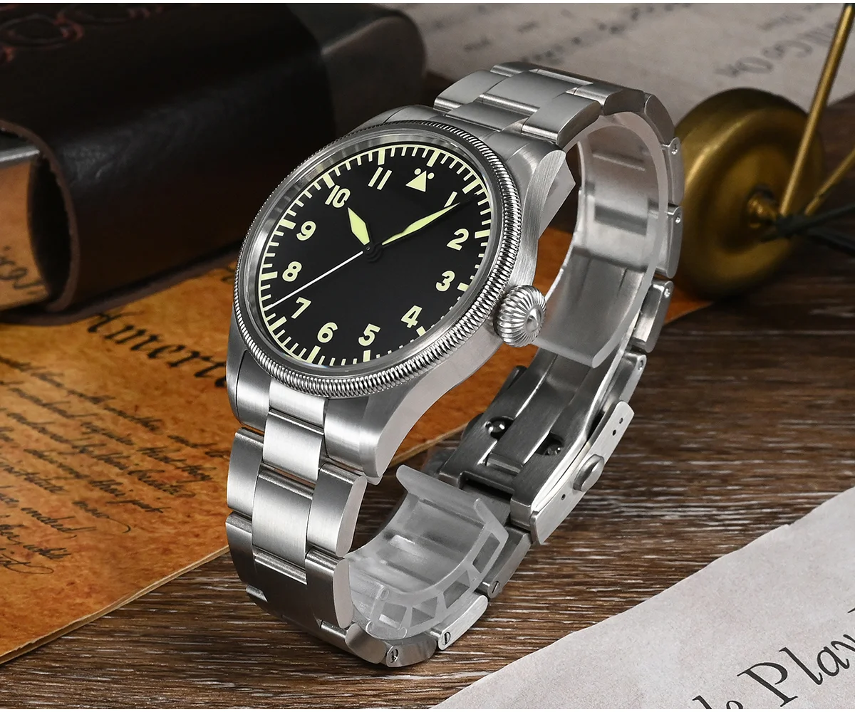 SAN MARTIN 38.5mm mechanical military pilot watch with coin edge bezel 100 meters waterproof YN55 movement SN033-G thumbnail 3