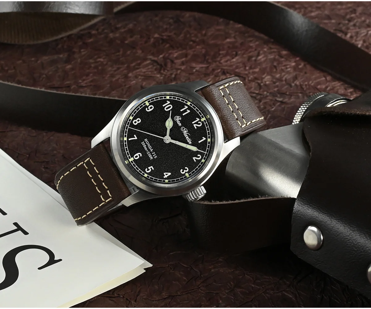 SAN MARTIN 37mm quartz military pilot watch 100 meters waterproof with RONDA 715 SN034-A-SY thumbnail 3