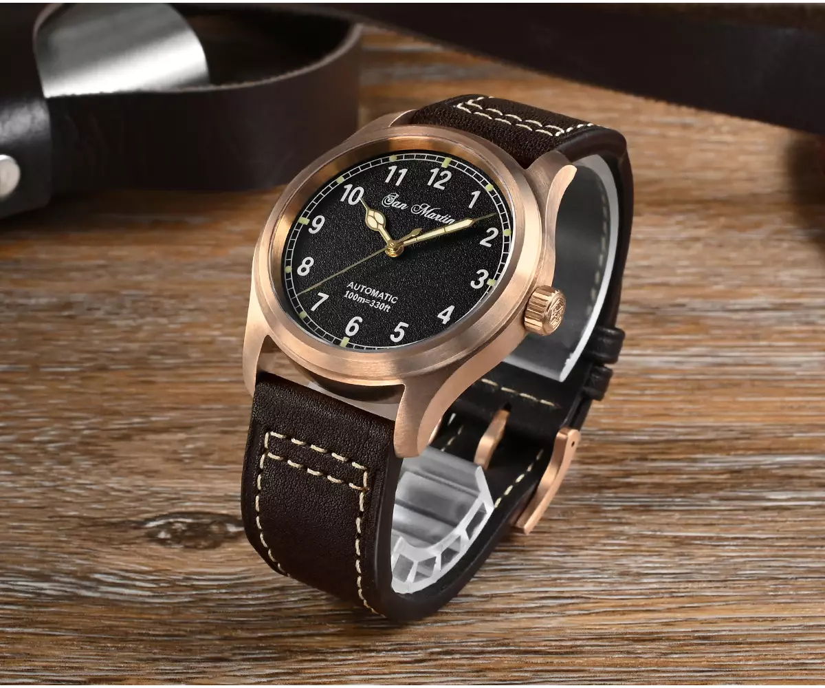 SAN MARTIN WATCHES 37mm bronze mechanical military pilot watch 100 meters waterproof with YN55 movement SN034-Q-D thumbnail 2