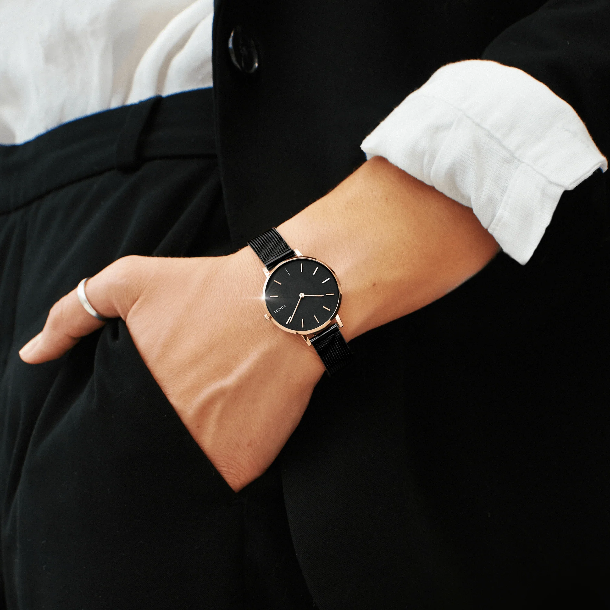 Watch Set - Solar Classic & Mini | Black Dial - Rose Gold Case | Black Mesh thumbnail 3