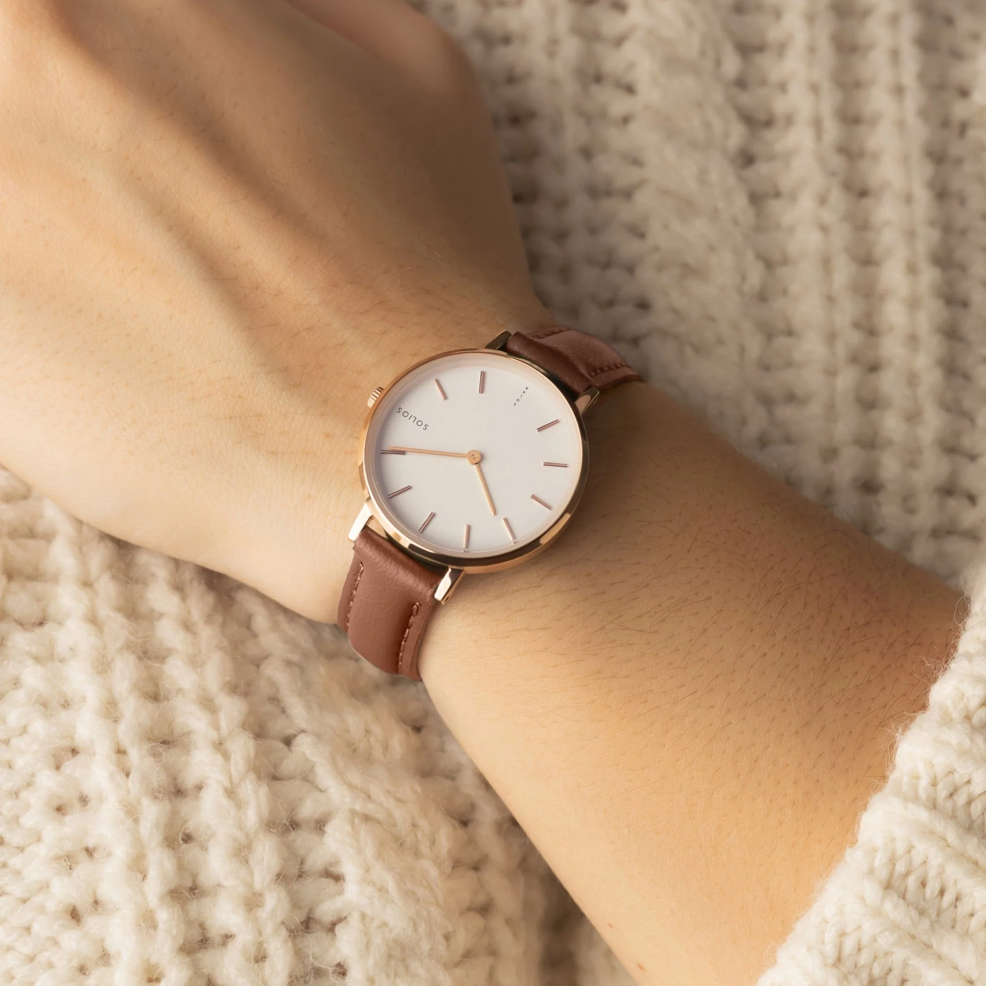 Watch Set - Solar Classic & Mini | White Dial - Rose Gold Case | Brown Vegan Leather thumbnail 4