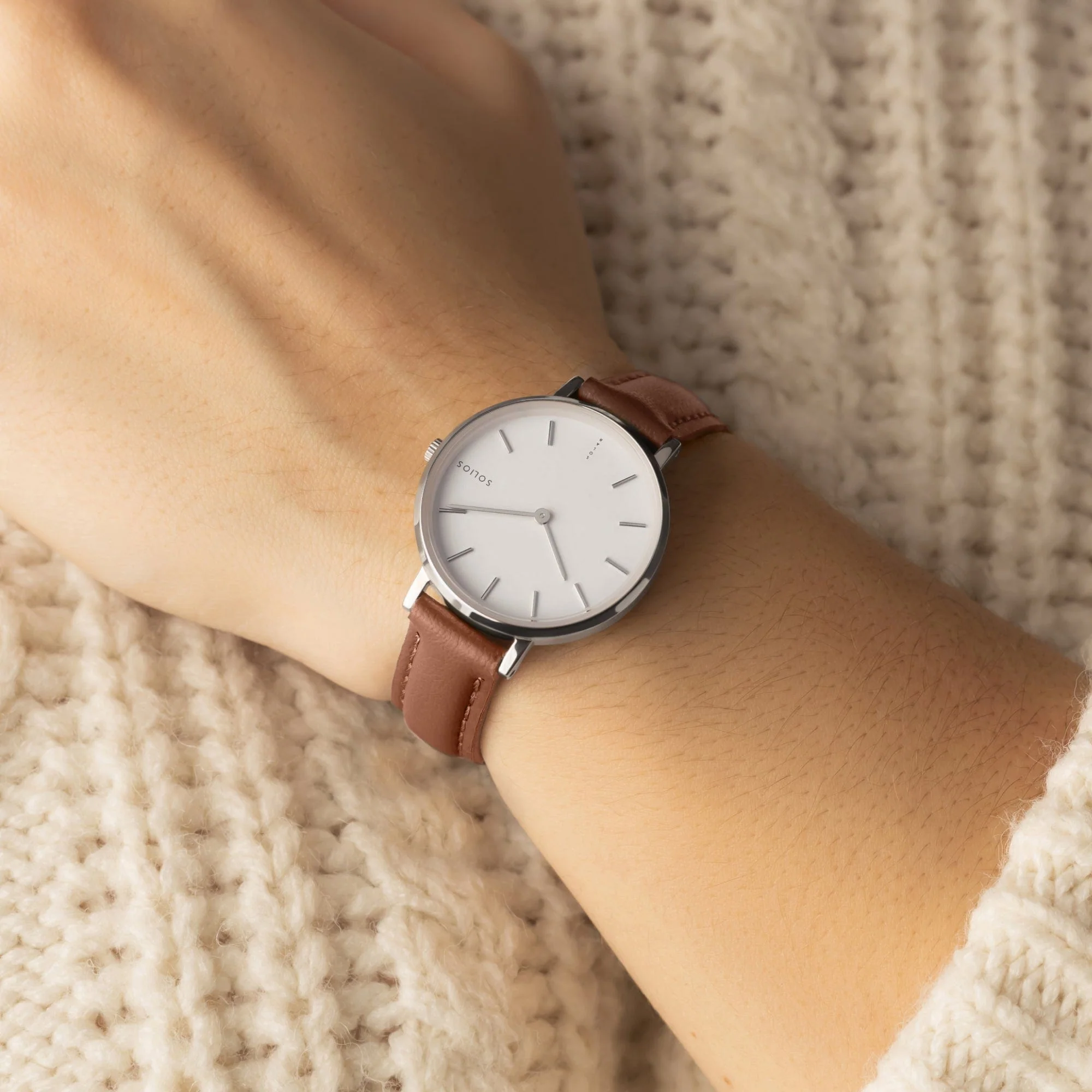Watch Set - Solar Classic & Mini | White Dial - Silver Case | Brown Vegan Leather thumbnail 3