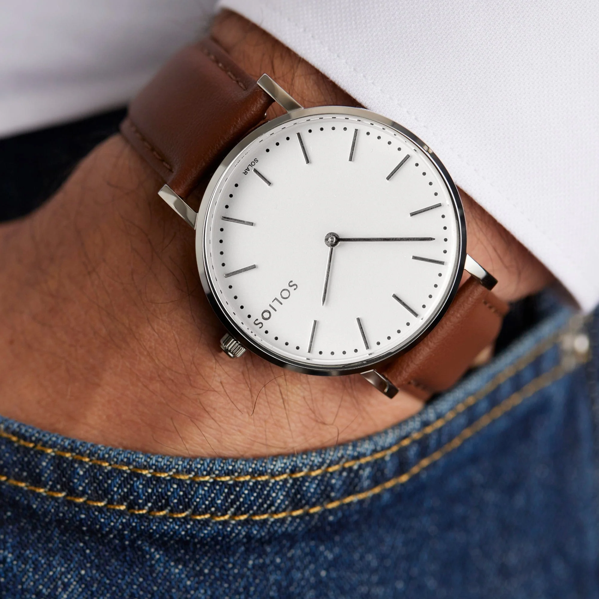 Watch Set - Solar Classic & Mini | White Dial - Silver Case | Brown Vegan Leather thumbnail 4