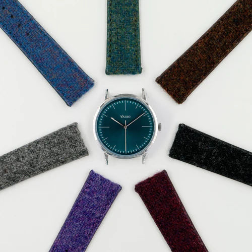 Vario Eclipse Emerald Green Handwound Dress Watch on Harris Tweed Watch Strap