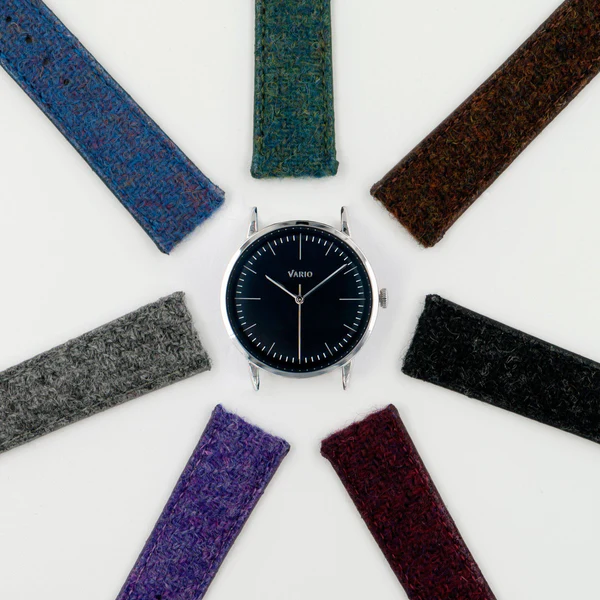 Vario Eclipse Onyx Black Sweeping Quartz Dress Watch on Harris Tweed Watch Strap thumbnail 2