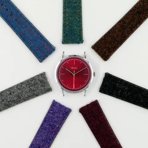 Vario Eclipse Ruby Red Sweeping Quartz Dress Watch on Harris Tweed Watch Strap
