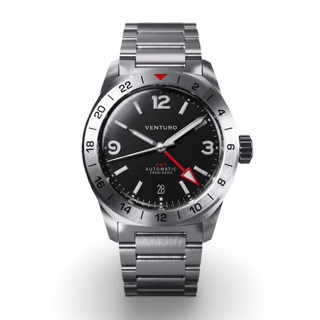 VENTURO Field Watch GMT w/ Date - Black Dial Blue Lume